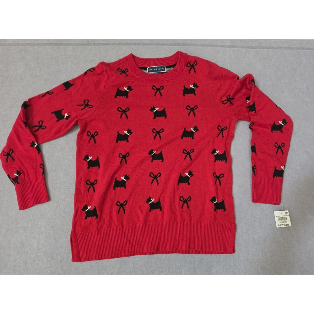 KAREN SCOTT Scotty Dog Bows Crewneck Sweater Red Black Size M Rhinestones Poodle